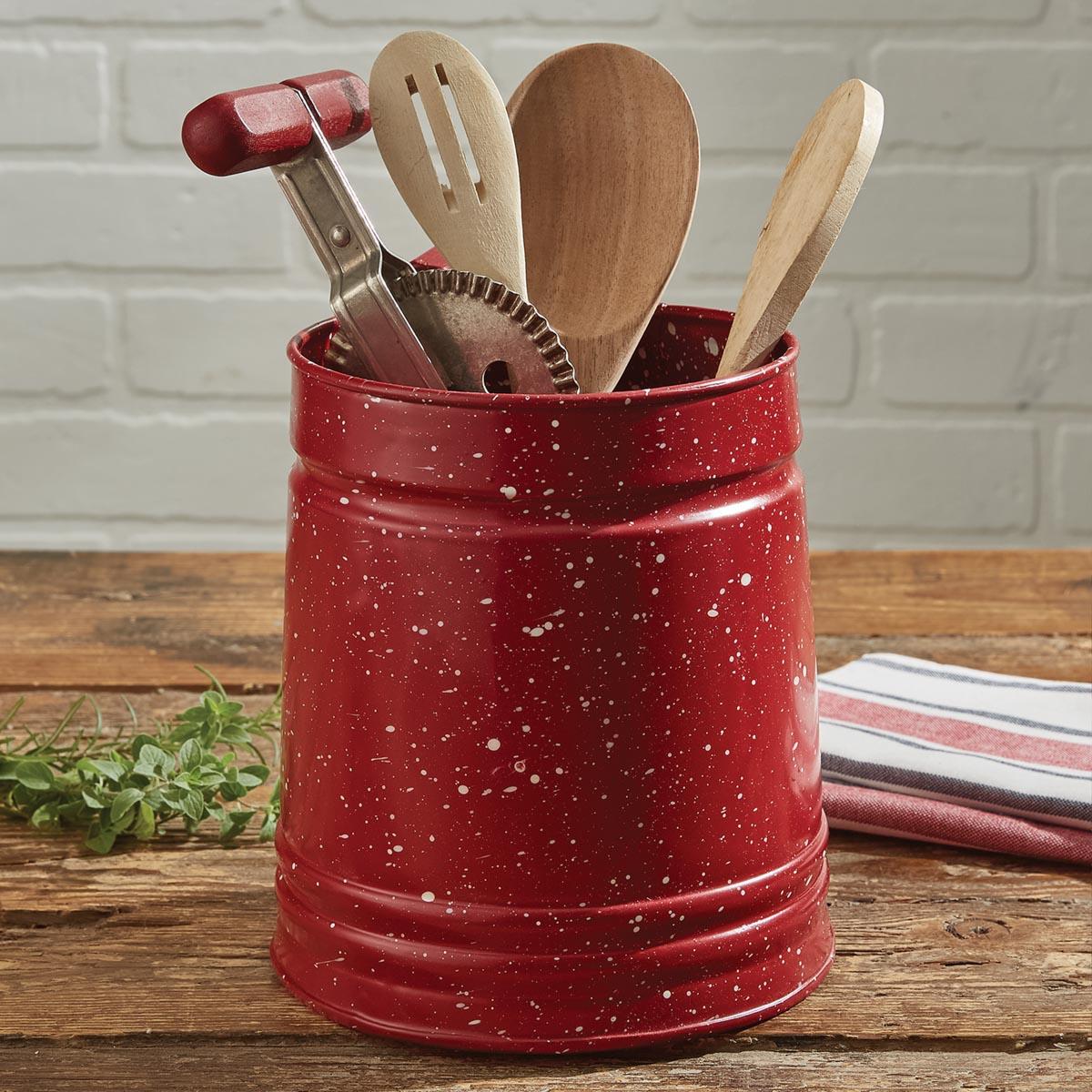 Red Graniteware Enamel Utensil Crock